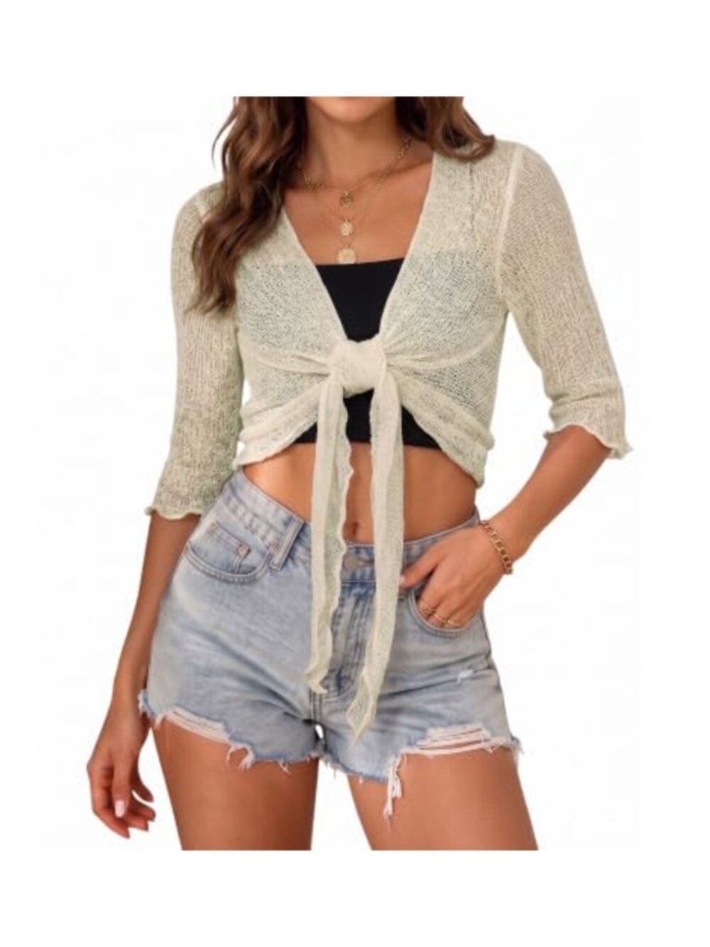 Women's Sheer Mesh Shrug Cardigan 3/4 Sleeve Crochet Cover Up Tie Front